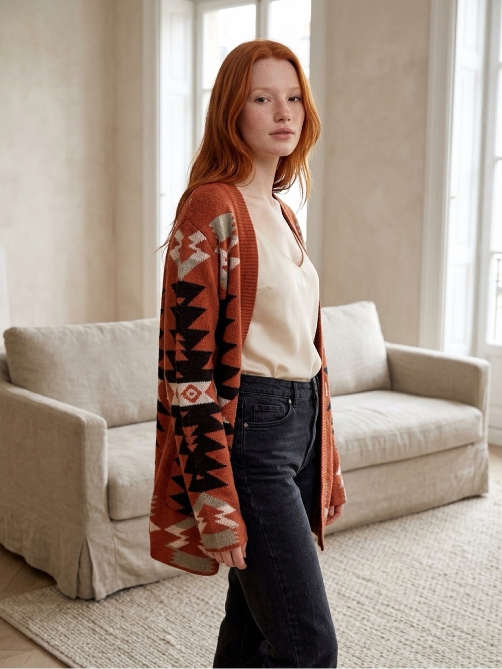 Rust Aztec Open-Front Knit Cardigan Sweater - Picture 3 of 4